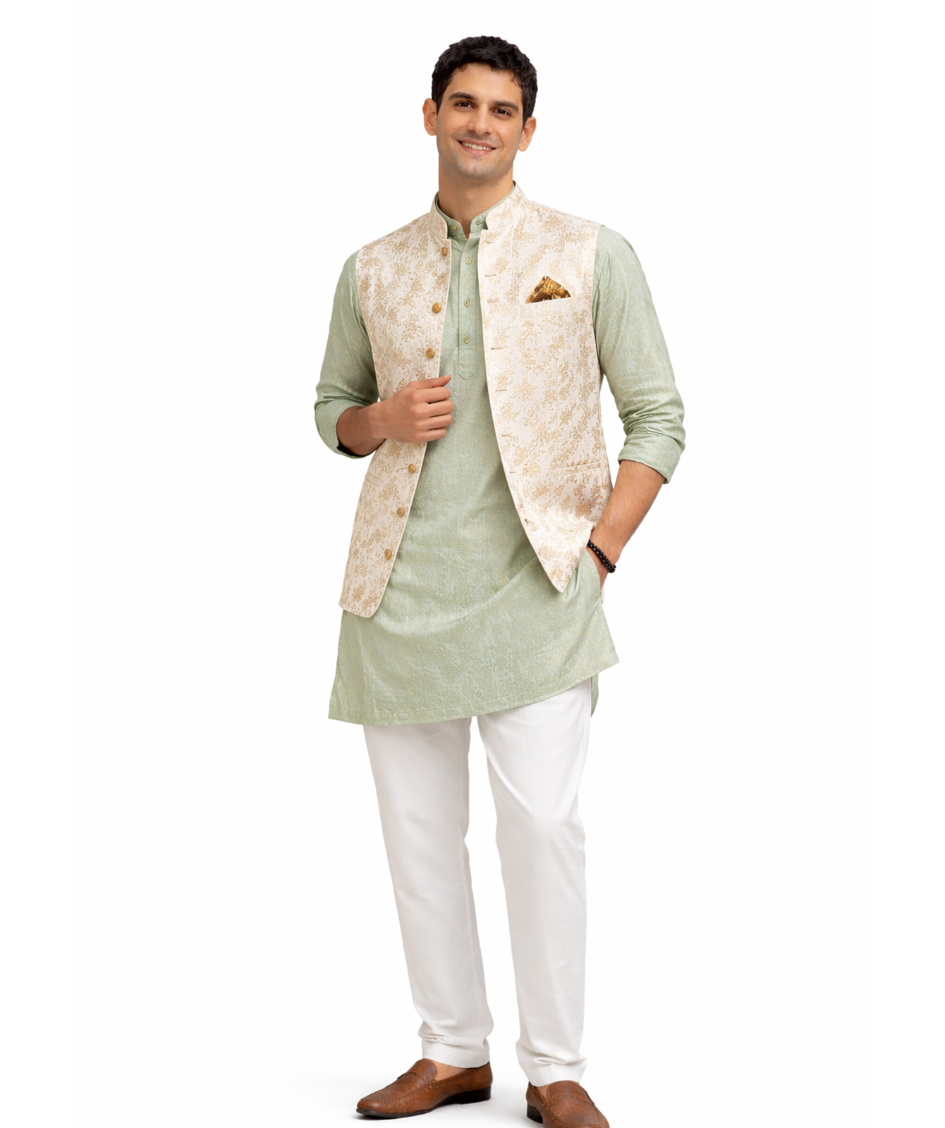 Cream Printed Nehru Jacket